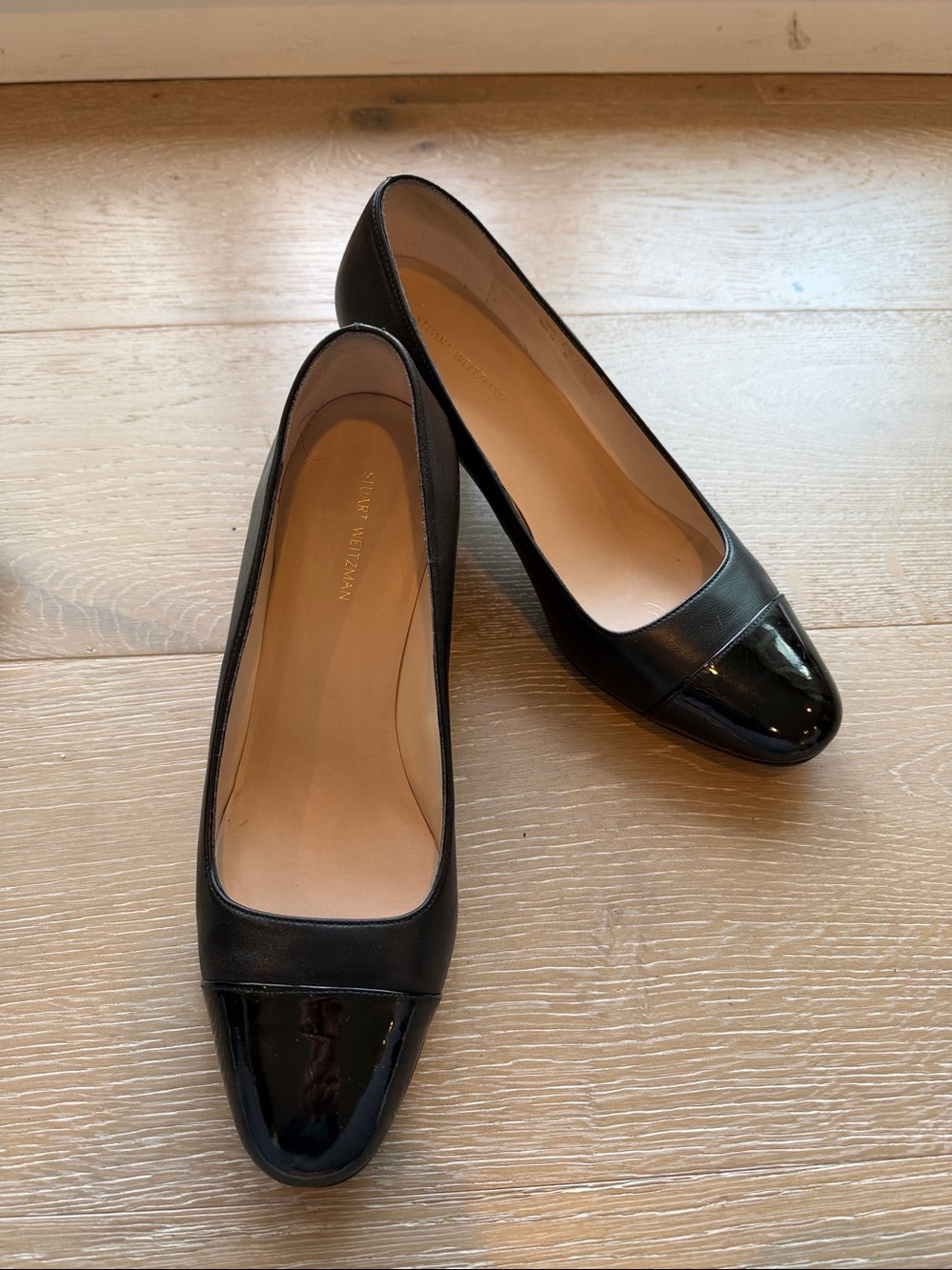 Stuart Weitzman Black Leather Square-Toe Flats